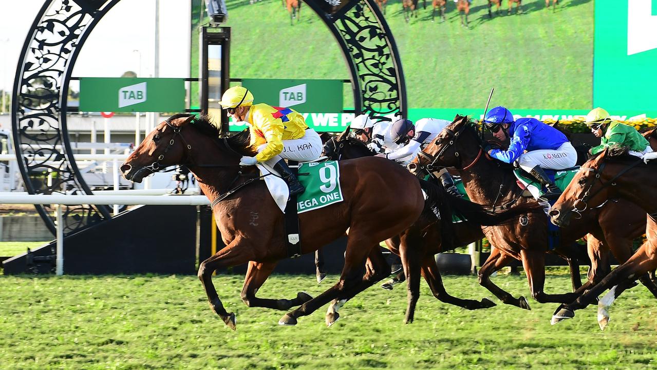 Vega One wins the Kingsford-Smith Cup for trainer Tony Gollan and jockey Jamie Kah. Picture: Grant Peters–Trackside Photography