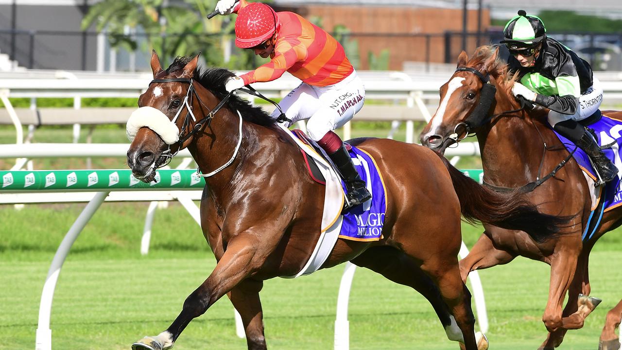 Apache Chase keeps kicking to win at Eagle Farm. Picture: Grant Peters—Trackside Photography.