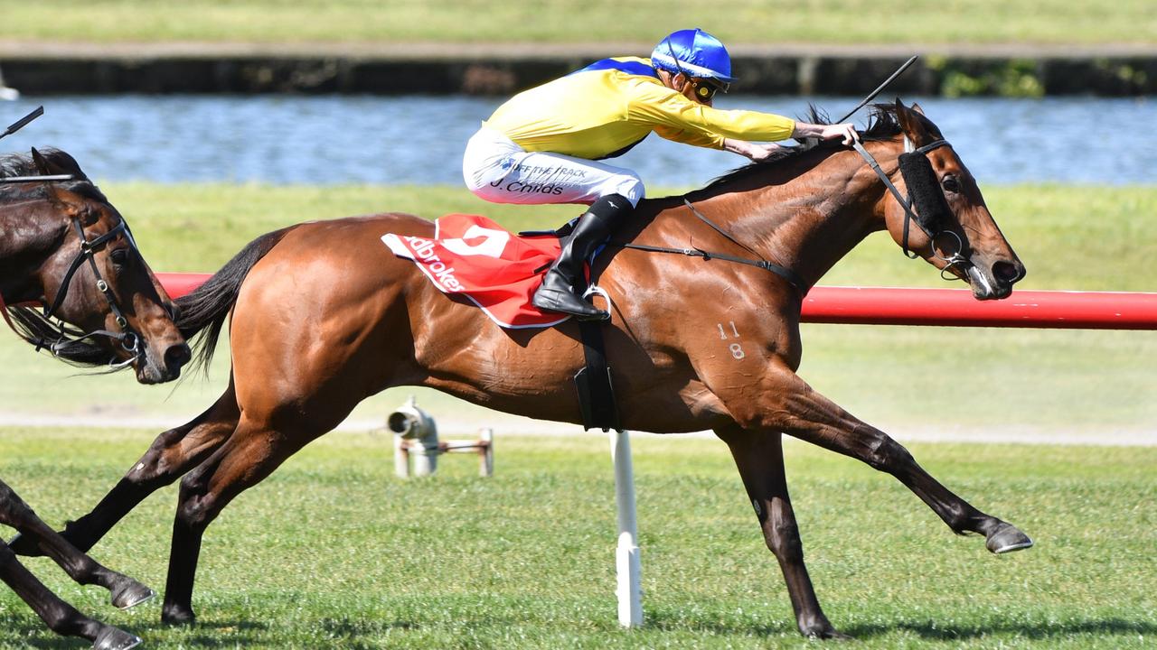 MELBOURNE, AUSTRALIA - SEPTEMBER 25: Jordan Childs riding Queen Of Dubai winning Race 4, the Jim Moloney Stakes, during Melbourne Racing at Sandown Racecourse on September 25, 2021 in Melbourne, Australia. (Photo by Vince Caligiuri/Getty Images)