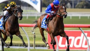 Zaaki (GB) ridden by Craig Williams wins the Quayclean Underwood Stakes at Ladbrokes Park Hillside Racecourse on September 25, 2021. (Pat Scala/Racing Photos via Getty Images)