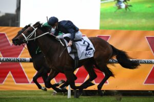 Head Of State (navy) outpoints Profondo to win the Gloaming Stakes at Rosehill on Saturday. Photo: Steve Hart.