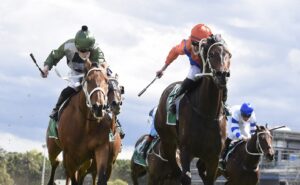 Think It Over (orange) edges out Shared Ambition in the Hill Stakes. Photo: Steve Hart.