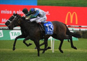 Never Been Kissed edges out Hinged in the Flight Stakes. Photo: Steve Hart.