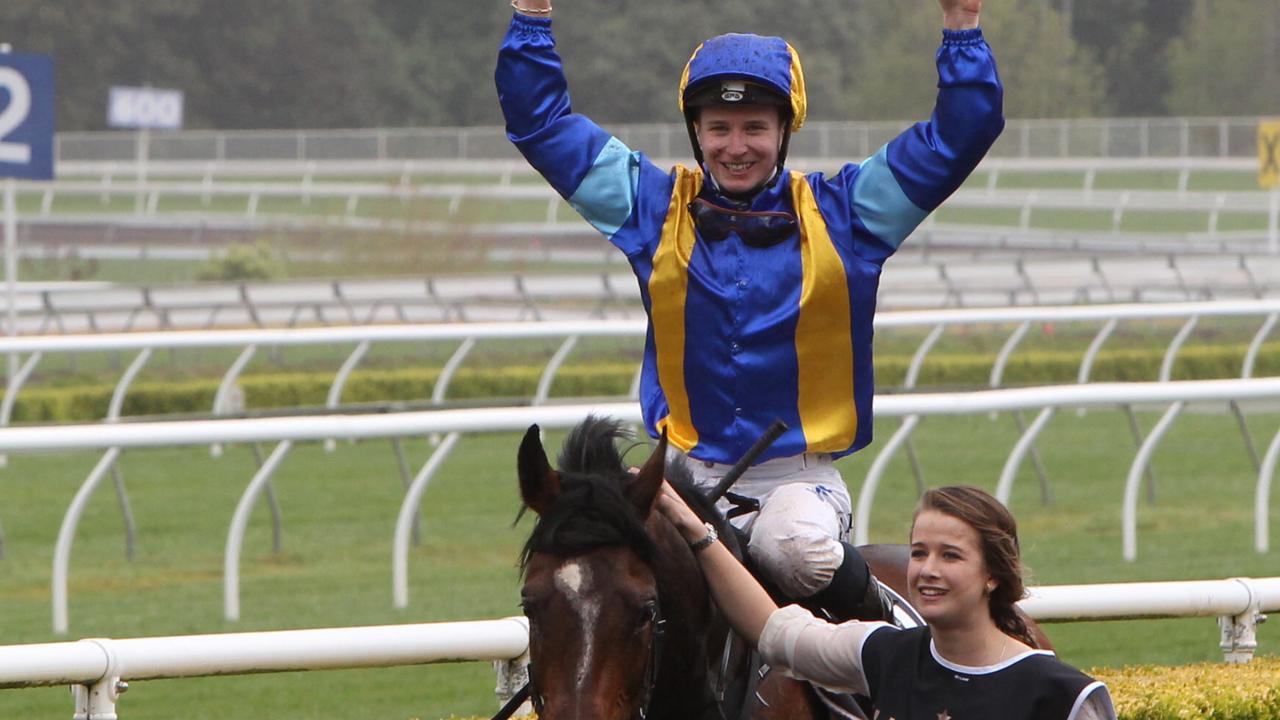 A fresh faced James McDonald celebrates winning the Spring Champion Stakes in 2012 aboard It's A Dundeel. Picture: Richard Dobson.