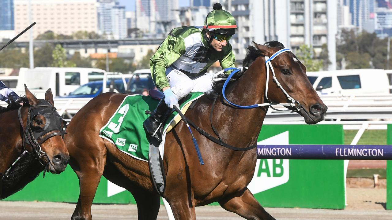 Brett Prebble urges Incentivise to victory in the Turnbull Stakes at Flemington. Picture: Racing Photos via Getty Images