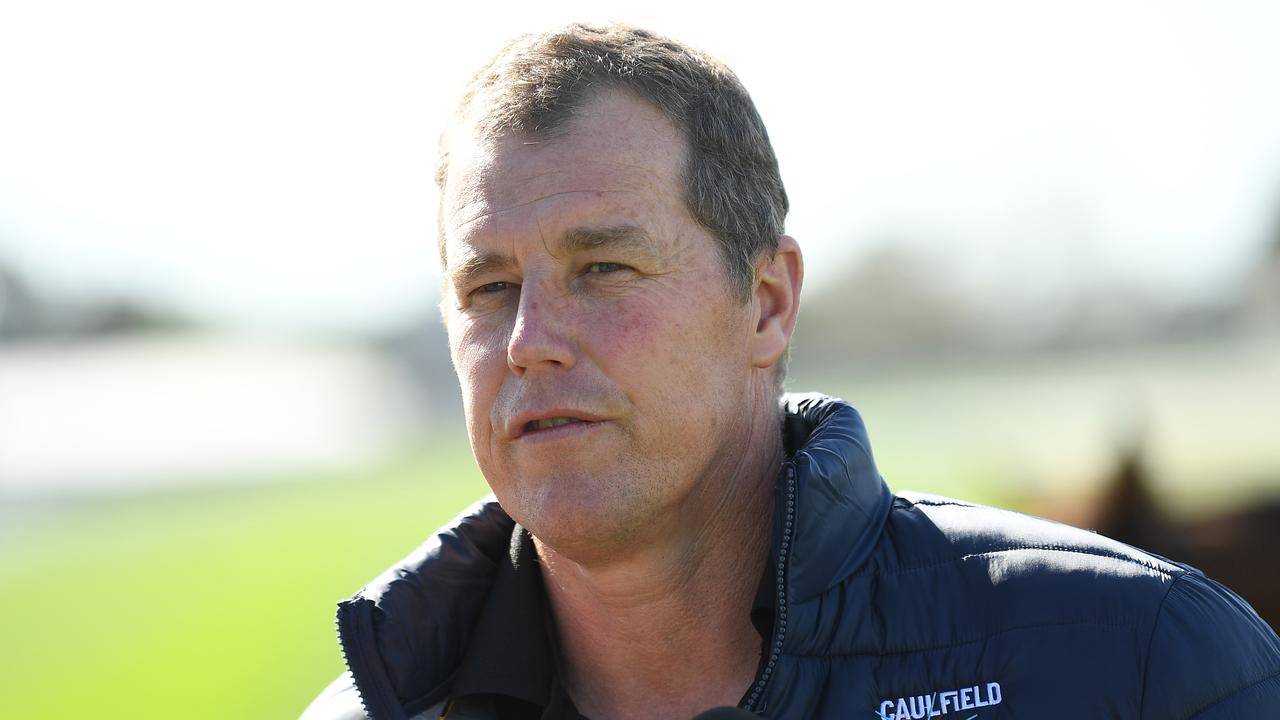 Caulfield track manager Jason Kerr can only sit and wait for forecast rain to fall on the Caulfield Cup course. Picture : AAP.