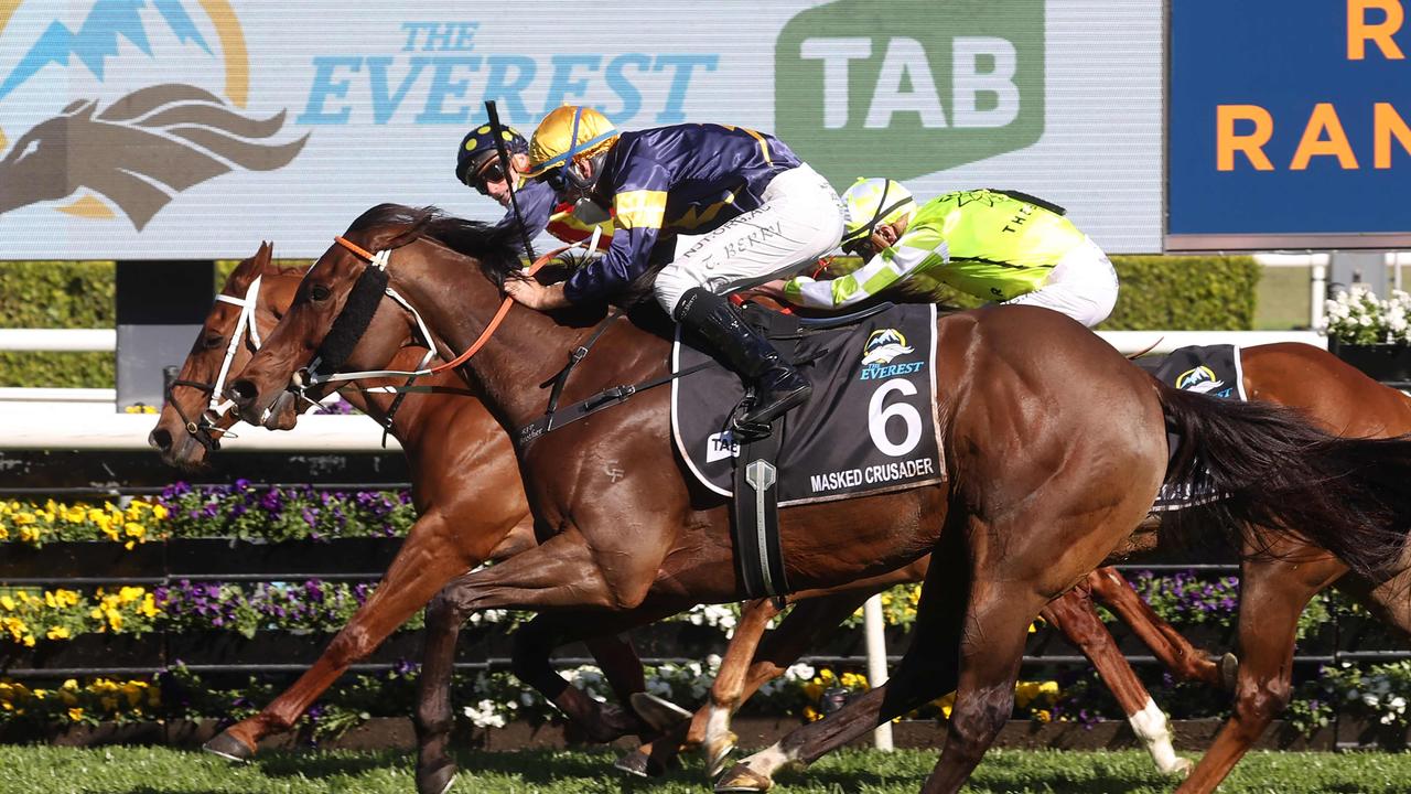 Nature Strip holds off a fast-finishing Masked Crusader in The Everest at Randwick. Picture: AFP