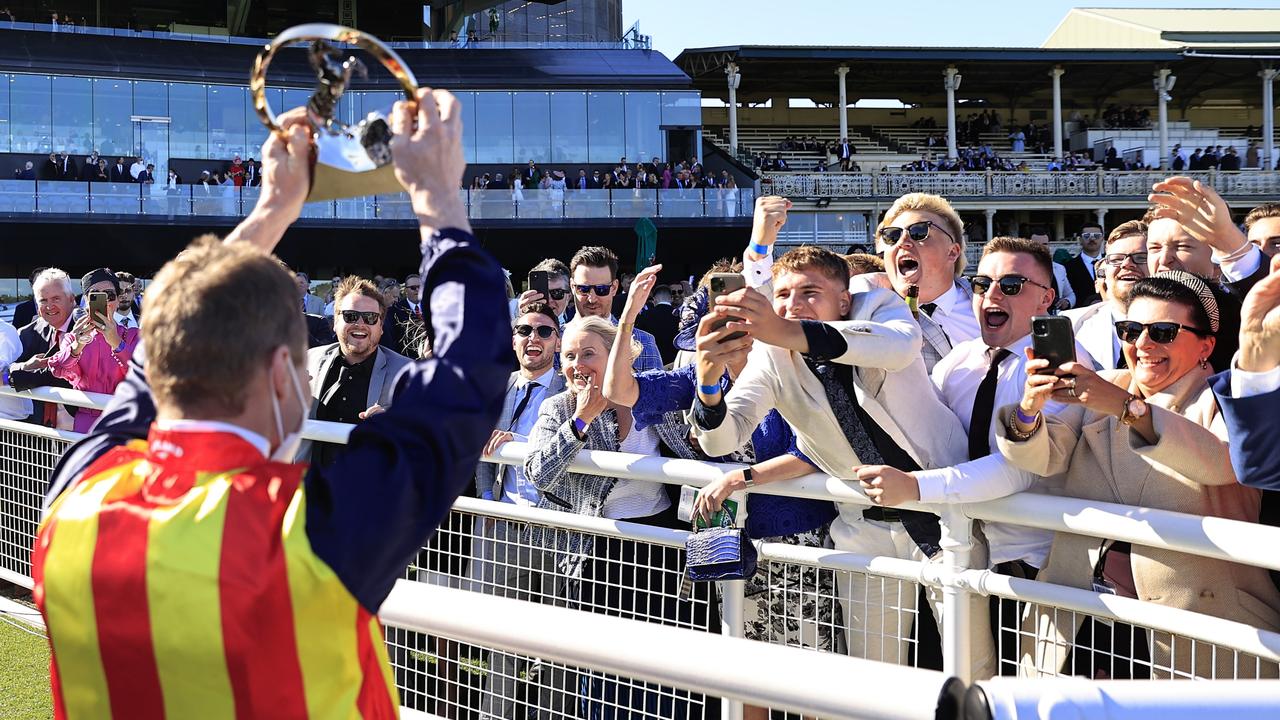 James McDonald delights the adoring crowd after Nature Strip won The Everest. Picture: Mark Evans–Getty Images