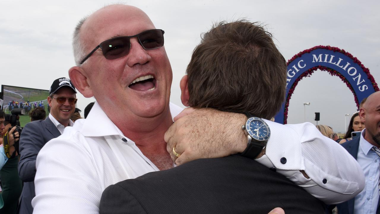 Noel Greenhalgh celebrates after winning a race at Magic Millions. Picture: Steve Holland