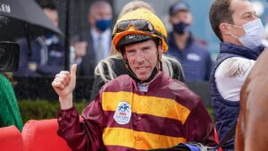 John Allen celebrates a Cox Plate for Ireland. Picture: Racing Photos via Getty Images