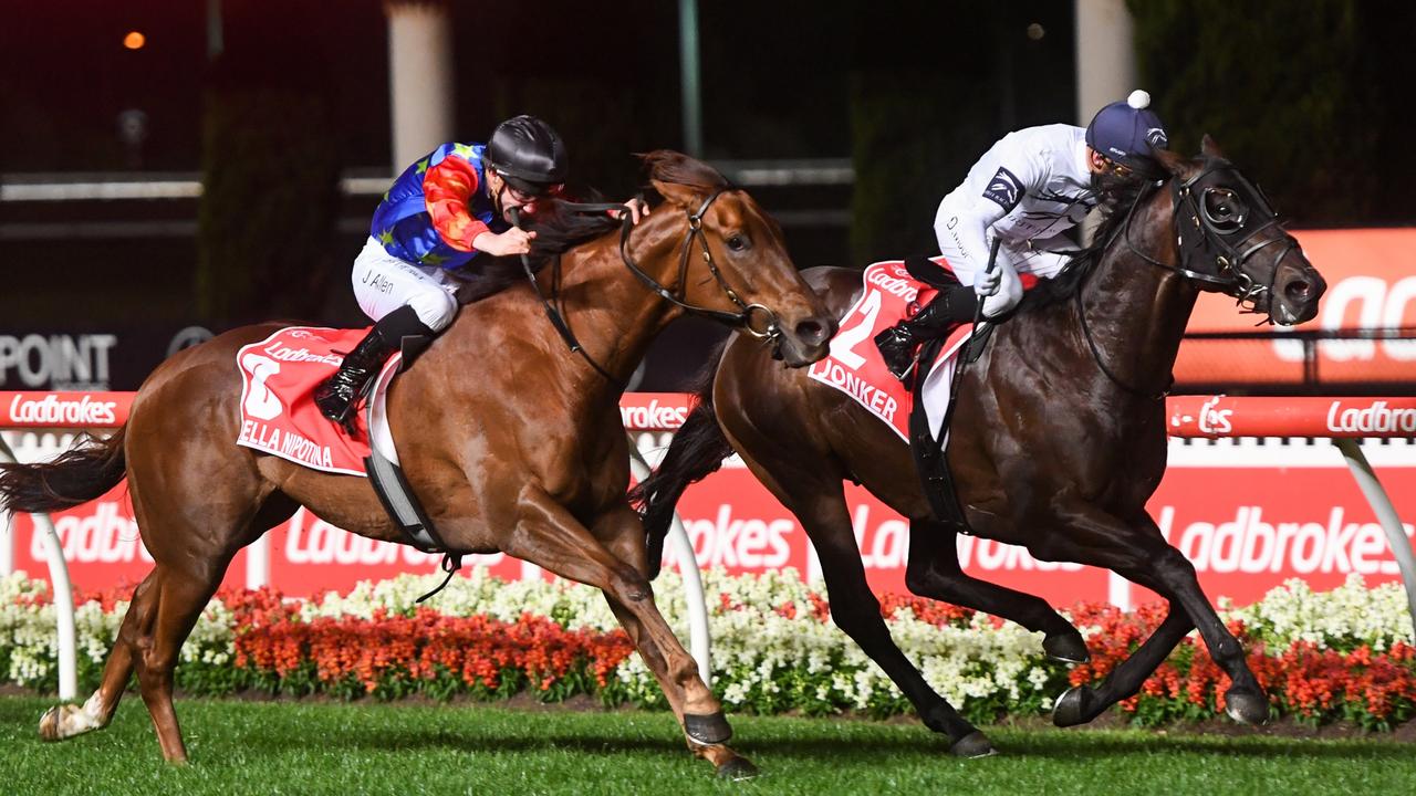 Jonker, ridden by Daniel Moor wins the Manikato Stakes at Moonee Valley. Picture:Pat Scala—Racing Photos.