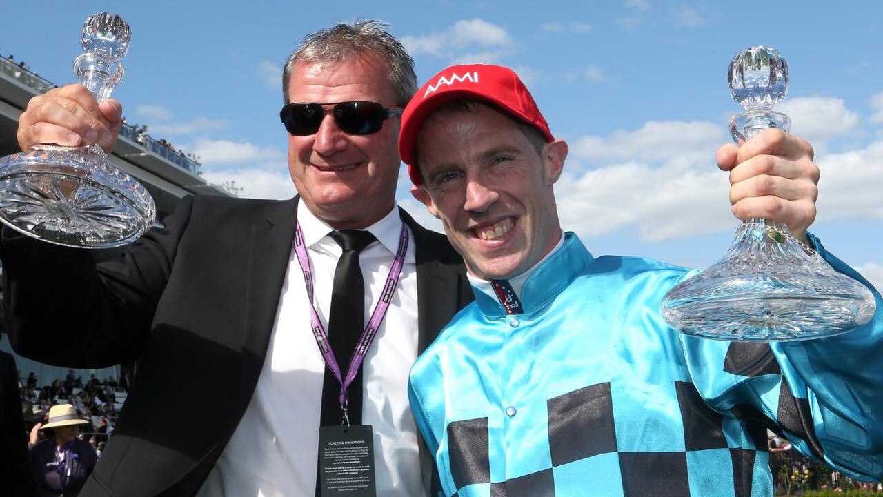 John Allen with Darren Weir after winning the 2018 Victoria Derby with Extra Brut. Picture: Getty Images