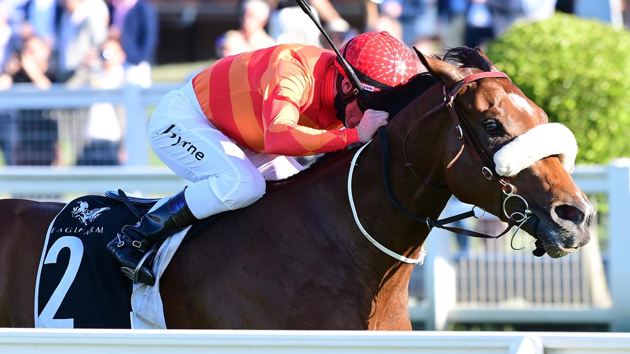 Apache Chase storms to victory in Nudgee Old Boys Cup at Eagle Farm last start under jockey Jim Byrne. Picture: Trackside Photography