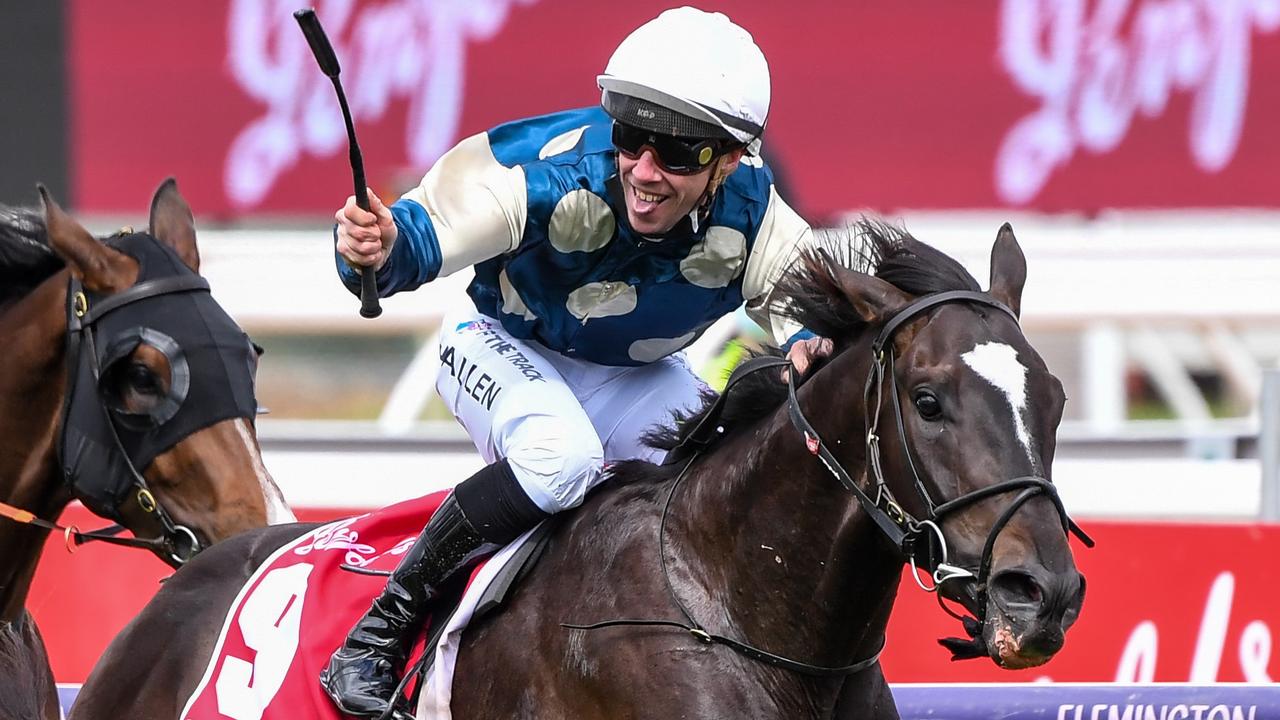 John Allen celebrates after winning the Victoria Derby on Hitotsu. Picture: Racing Photos via Getty Images