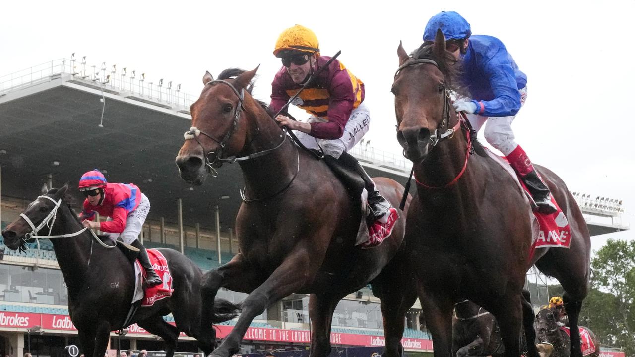 State Of Rest (gold cap) and Anamoe (blue silks) fought out last month’s Cox Plate at The Valley. Picture: Racing Photos via Getty Images