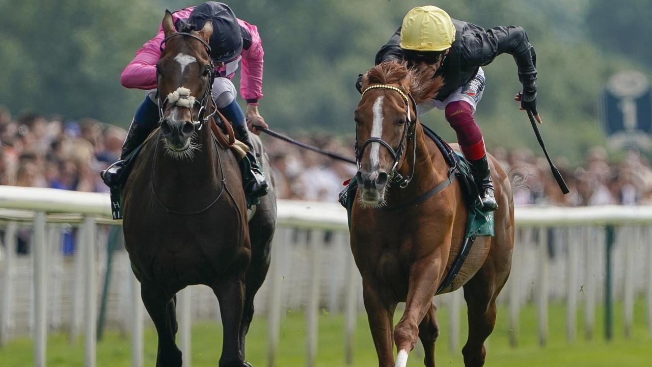 Spanish Mission left goes toe-to-toe with champion galloper Stradivarius in the UK. (Photo by Alan Crowhurst/Getty Images)