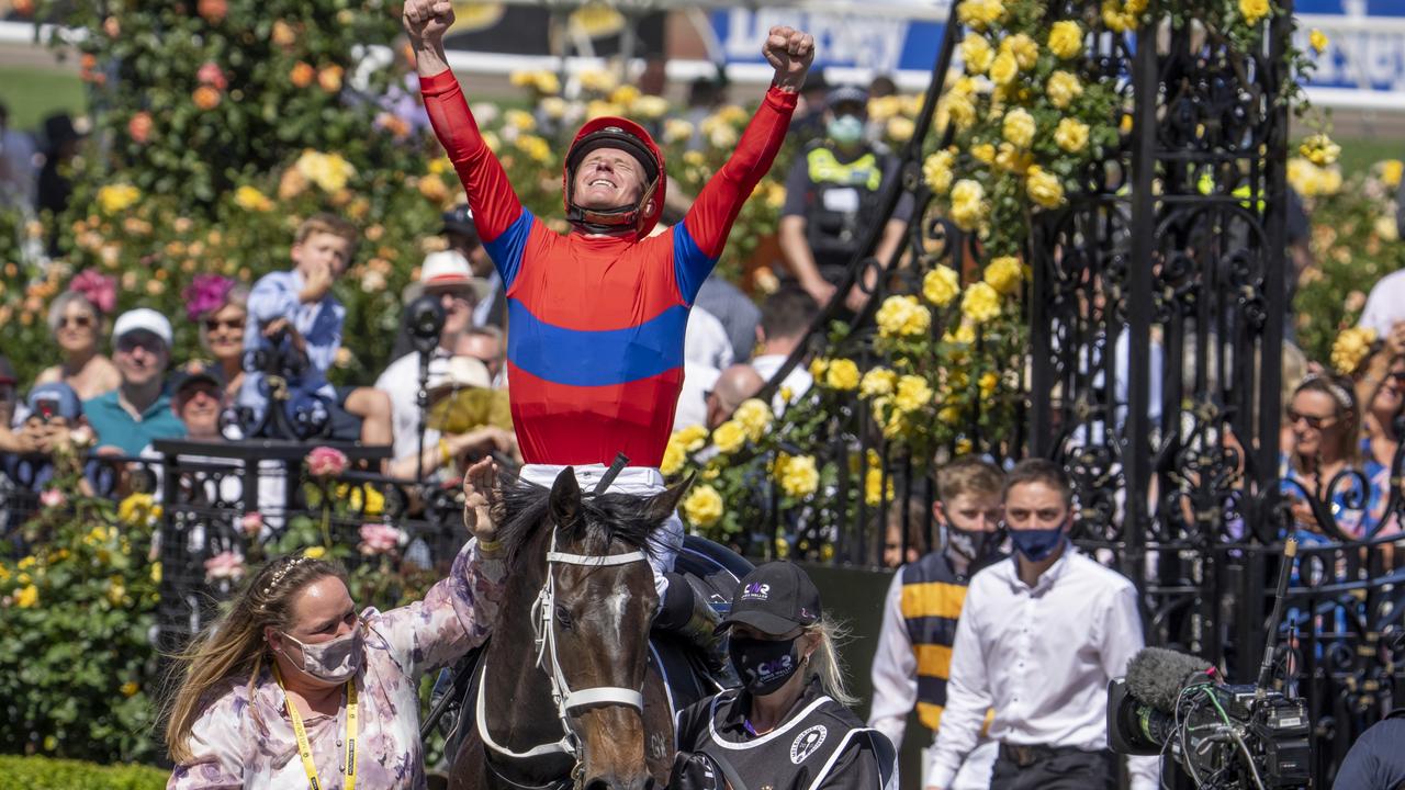 James McDonald celebrates winning this year’s Melbourne Cup aboard Verry Elleegant. Photo: Jay Town/Getty Images.