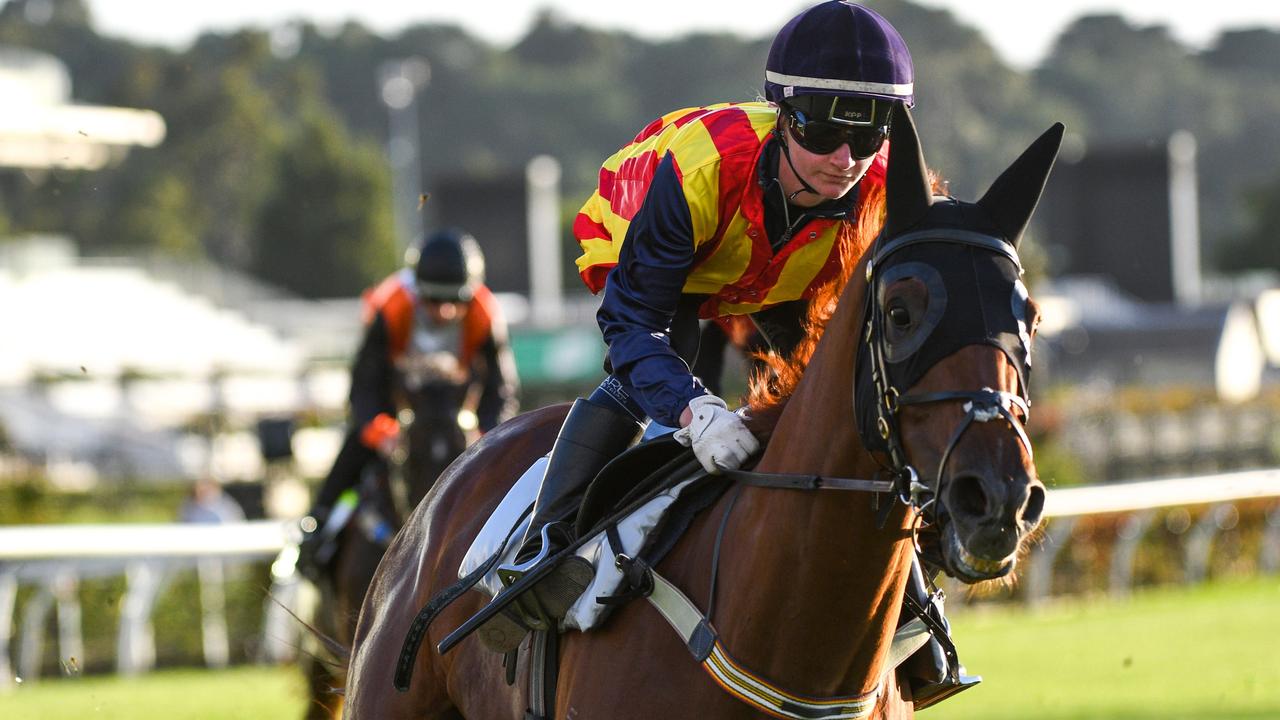 Jamie Kah riding Nature Strip in a jumpout at Flemington on February 11. Photo: Vince Caligiuri/Getty Images.