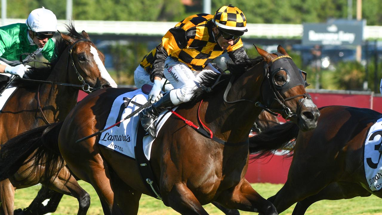 Jockey Brett Prebble riding Probabeel to victory at Caulfield last Saturday in what turned out to be her final start. Picture: Getty Images