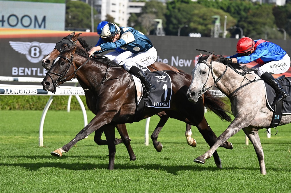 Hitotsu holds them off to win the Australian Derby. Photo: Steve Hart.