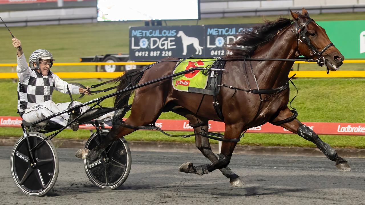 Grant Dixon drives Leap To Fame to a breathtaking win in the Inter Dominion final at Albion Park. Picture: Dan Costello
