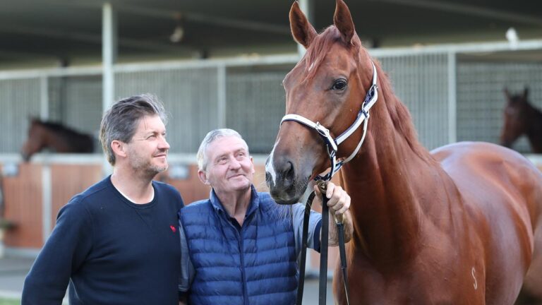 Trainer Brian ‘BJ’ Smith with his son Jonny Hendriksen and their horse Belle Roc in 2019. Picture: Peter Wallis