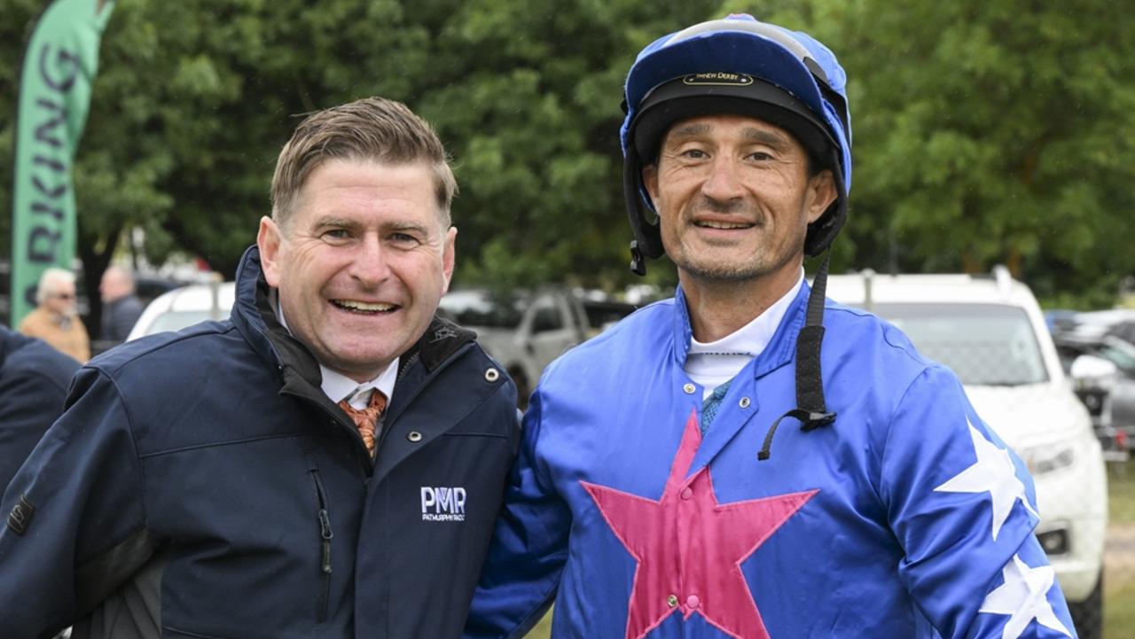 Trainer Pat Murphy and jockey Ramon Perez after Aegipan won at Bong Bong on Saturday. Picture: Bradley Photos